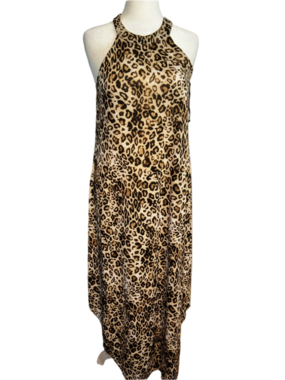Y2K 2000s Halter Maxi Dress Cheetah Print Sleeveless Hi Low Feminine Party Girl